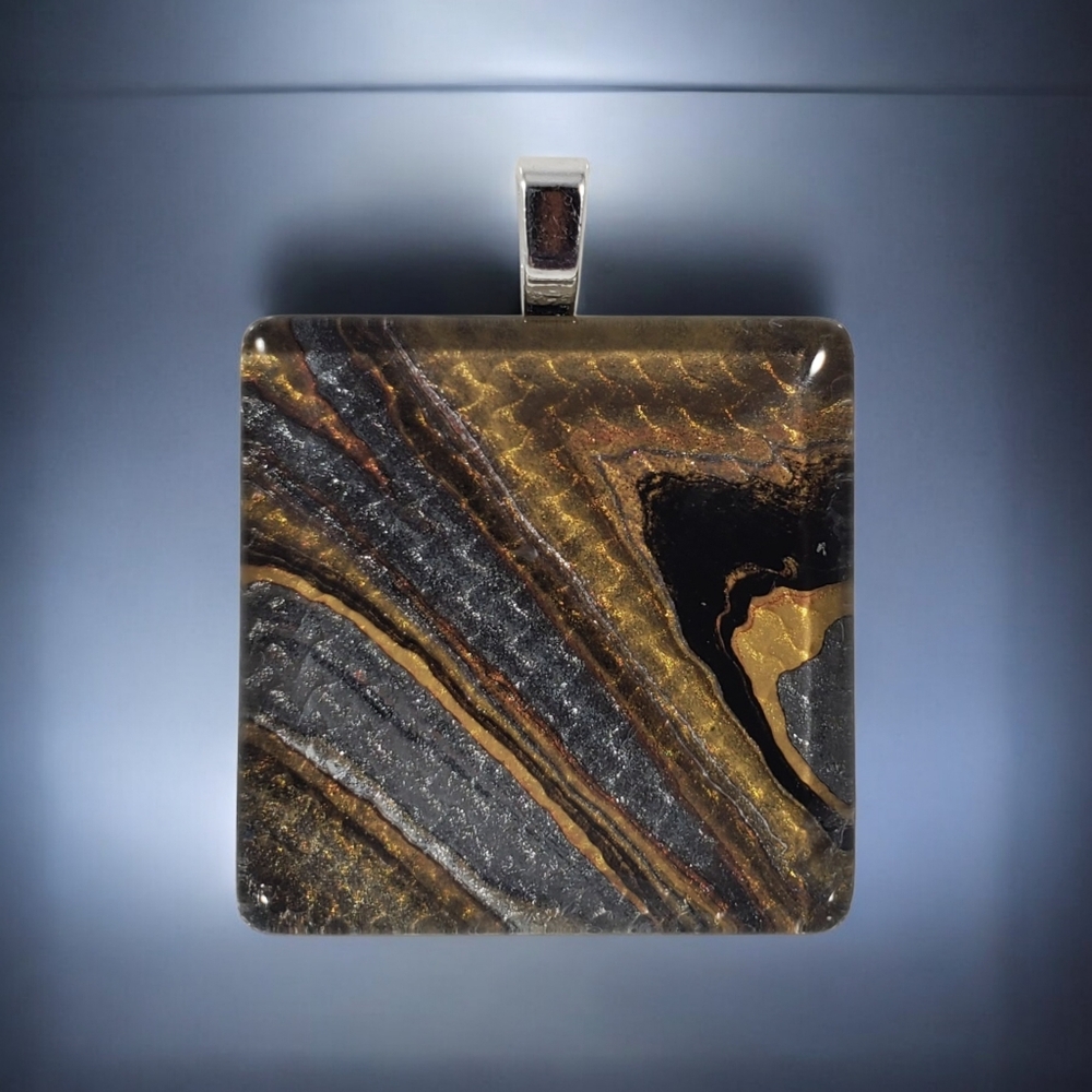 Handmade Abstract Art Pendant • Leather Base • Glass Cabochon Necklace - Picture 4 of 9
